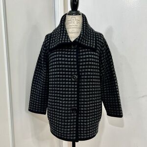 VINTAGE JONES NEW YORK 100% Merino Wool Cardigan Black/Grey Waffle Knit Size 1X